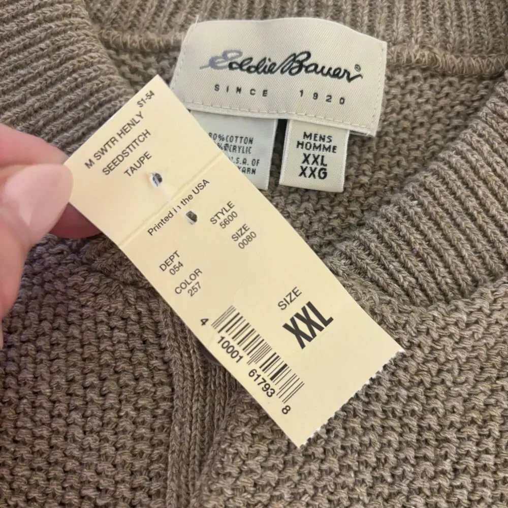 VTG Eddie Bauer NWT Henley Sweater Mens 2XL Tan Textured Knit Long Sleeve Button